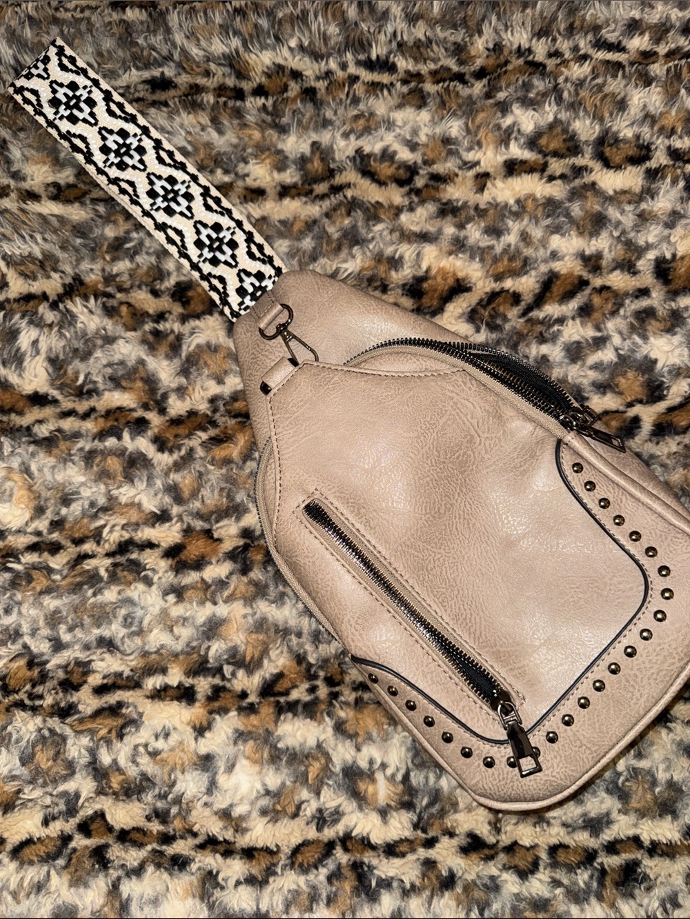 Taupe Stud-Accent Crossbody Sling Bag with Patterned Strap